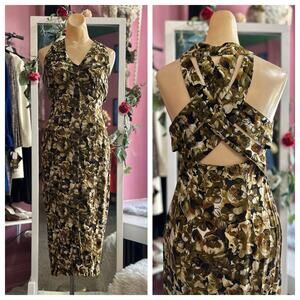 Vintage 90s Floral Print Midi Dress Black Green Cut Outs Sleeveless Boho XS/S